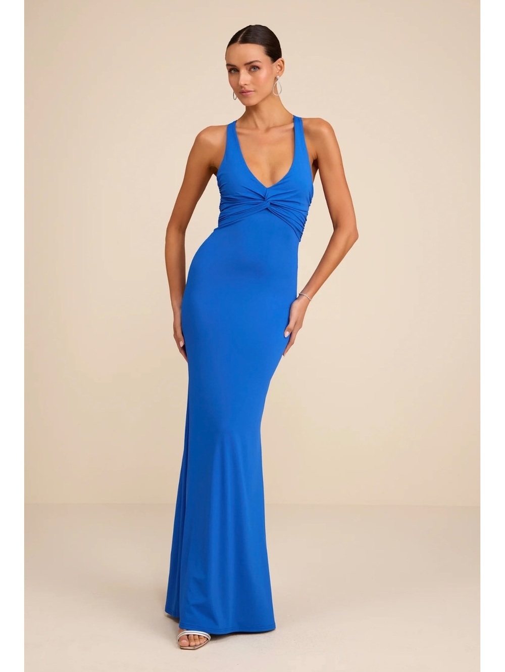 Lulus Cazy Royal Blue Jersey Knit Twist Front Maxi Dress Size S